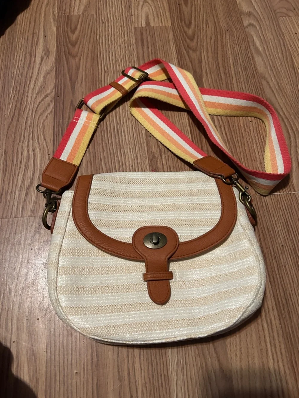 Universal thread Woven Straw Crossbody Bag with Tan Trim and Multicolor Strap